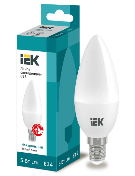 

Лампа светодиодная IEK LLE-C35-5-230-40-E14 Eco 5Вт C35 свеча 4000К нейтр. бел. E14 450лм 230-240В, LLE-C35-5-230-40-E14