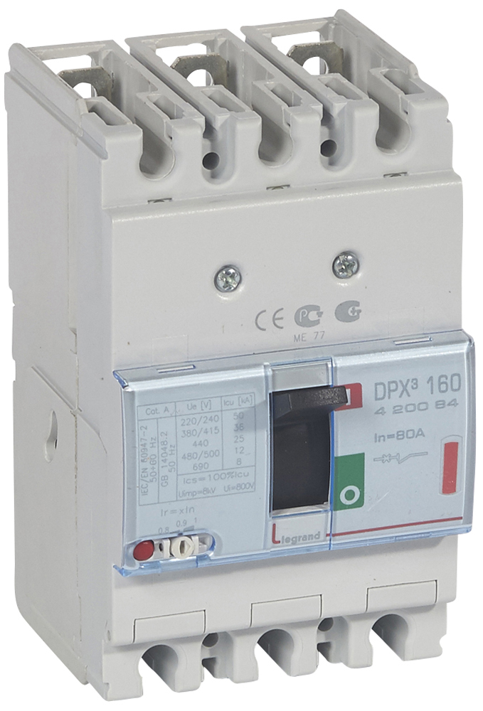 

Автоматический выключатель в литом корпусе Legrand 420084 DPX³ 160 - термомагнитный расцепитель, 36 кА, 400 В~, 3П, 80 А, 420084