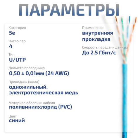 фото Кабель витая пара U/UTP 5e кат. 4 пары Cabeus UTP-4P-Cat.5e-SOLID-BL-20 в Санкт-Петербургe