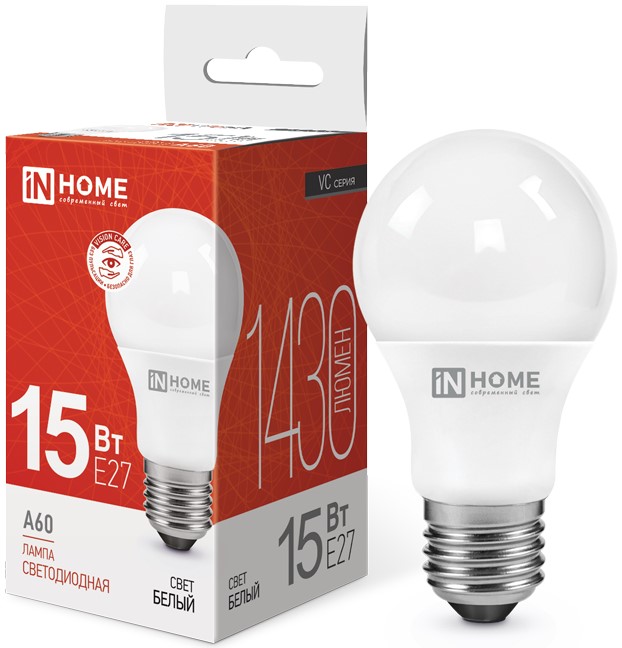 

Лампа светодиодная IN HOME 4690612020273 LED-A60-VC 15Вт грушевидная 4000К нейтральный, белый E27 1430лм, 4690612020273