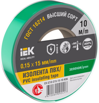 

Изолента IEK EX-IZ10-C15-15-10-K06 MIXTAPE 7 0,15х15мм зеленая 10м, EX-IZ10-C15-15-10-K06