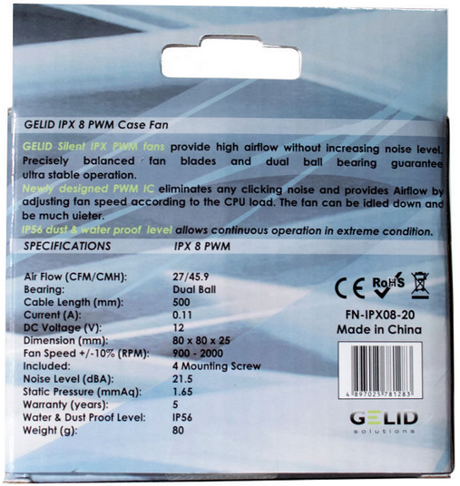 

Вентилятор для корпуса GELID IPX 8 PWM FN-IPX08-20 80x80x25mm, 900-2000rpm, 27CFM, 21.5dBA, защита IP56, 4pin PWM, IPX 8 PWM