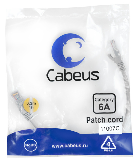 фото Кабель патч-корд S/FTP 6А кат. 0.3м Cabeus PC-SSTP-RJ45-Cat.6a-0.3m-LSZH в Перми