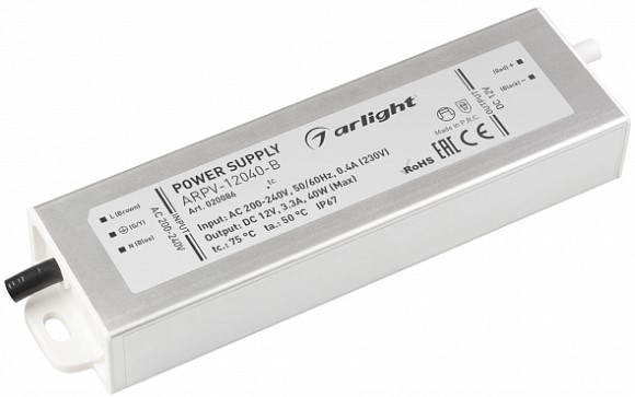 

Блок питания Arlight ARPV-12040-B 020086 12V, 3.3A, 40W, IP67, металл, ARPV-12040-B