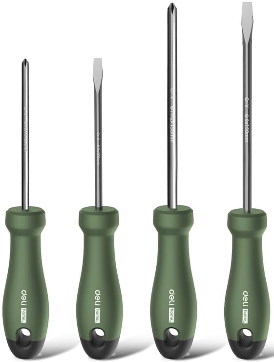 

Набор отверток Deli HT1004L Home Series Green 4шт SL5x100+SL6x150+PH1x100+PH2x150, HT1004L