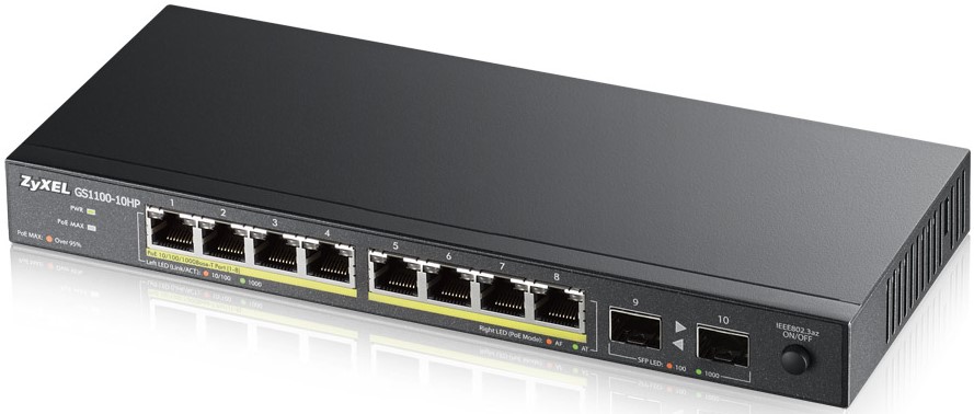 

Коммутатор неуправляемый ZYXEL GS1100-10HP 8xGE PoE+, 2xSFP, настольный, бесшумный, бюджет PoE 130 Вт, Kensigton lock, GS1100-10HP
