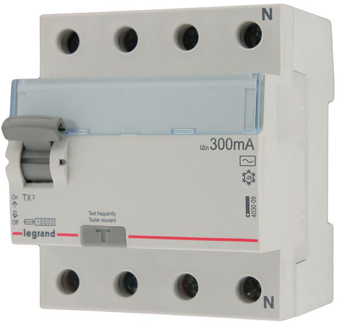 

Выключатель дифференциального тока (ВДТ, УЗО) Legrand 403043 TX³ 4П, 40 А, тип AC, 300 мА, 4 модуля, 403043