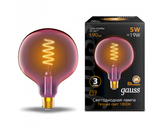 

Лампа светодиодная Gauss 1011802105 LED Filament Flexible G125-C Pink E27 5W 190lm 1800K 125*178mm 220 лм, 1011802105