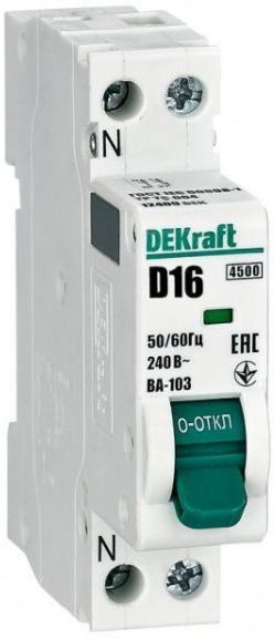 

Автоматический выключатель DEKraft 12409DEK 1+N 16А х-ка D ВА-103 4,5кА, 12409DEK