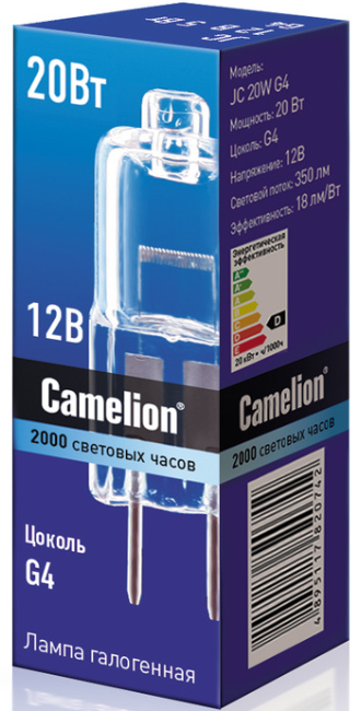 

Лампа галогенная Camelion™ JC 20W G4 20Вт, G4, 12В, 350лм, 2000 часов работы, капсульная (1955), JC 20W G4