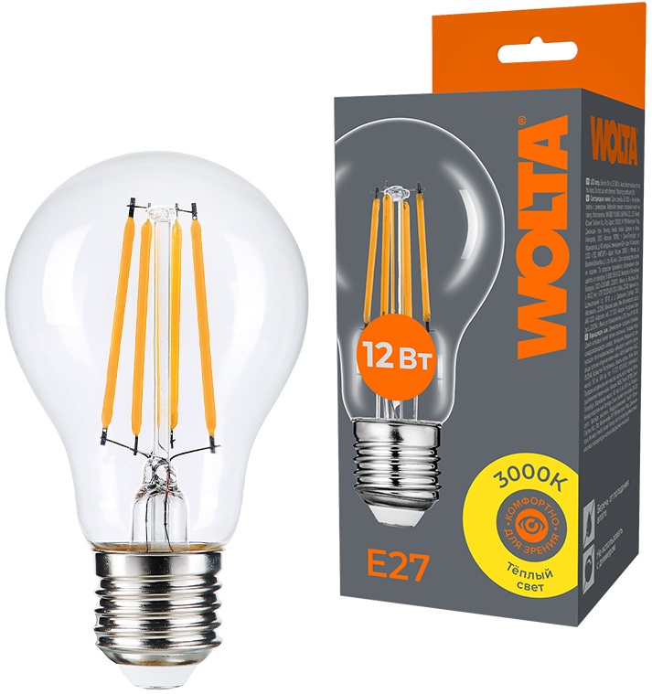 

Лампа светодиодная WOLTA WF-A60-12W3KE27 FILAMENT 12Вт 3000K Е27, WF-A60-12W3KE27