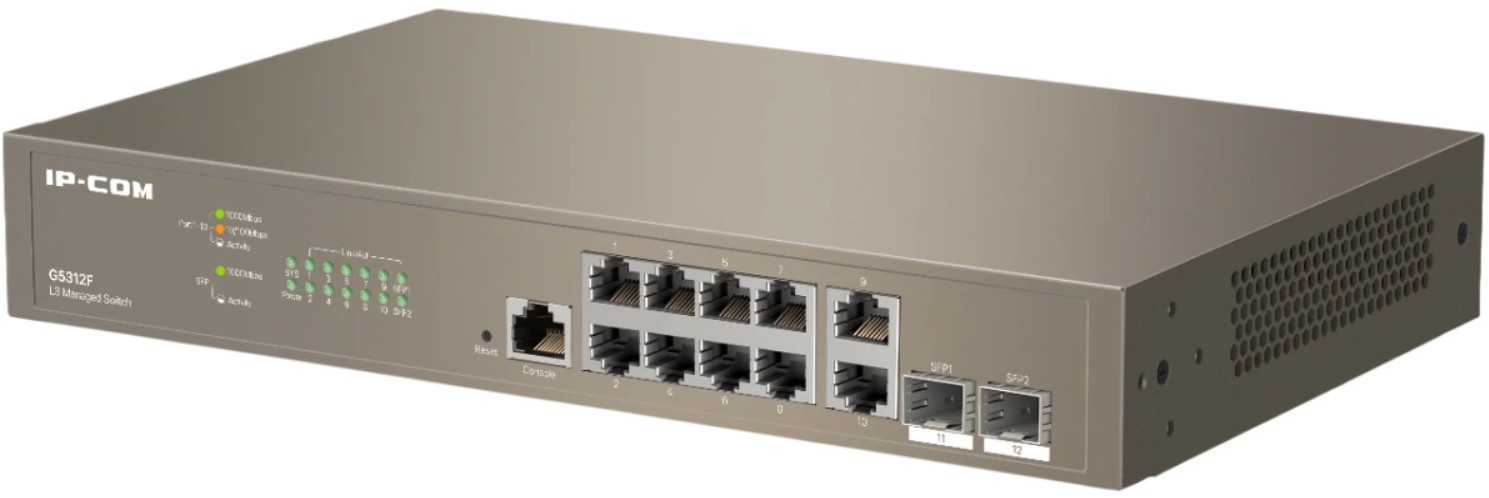 

Коммутатор управляемый IP-Com G5312F L3, 12 портов, 10х1 Гбит/с, Base-X SFP 2х1 Гбит/с, настольный, G5312F