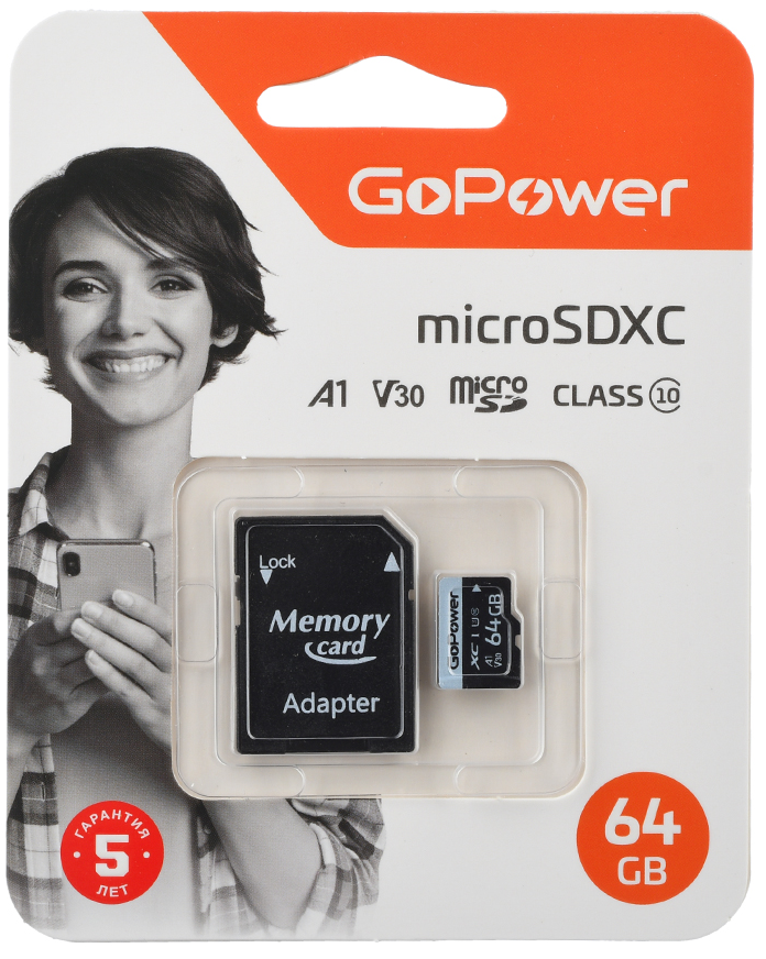 

Карта памяти 64GB GoPower 00-00025676 microSDXC Class10 70 МБ/сек U3 V30 с адаптером, 00-00025676