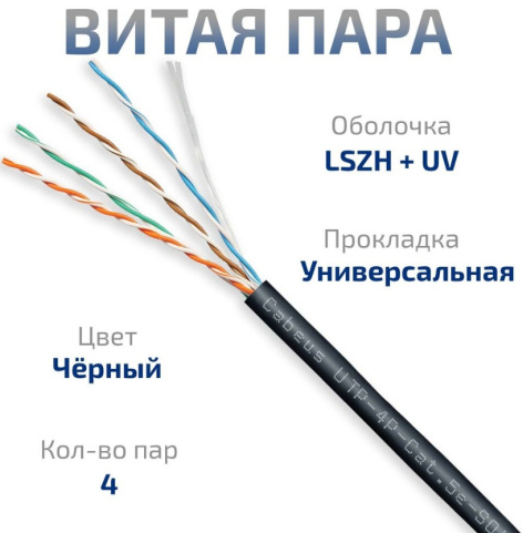 фото Кабель витая пара U/UTP 5e кат. 4 пары Cabeus UTP-4P-Cat.5e-SOLID-OUT-LSZH-UV-50 в Краснодаре
