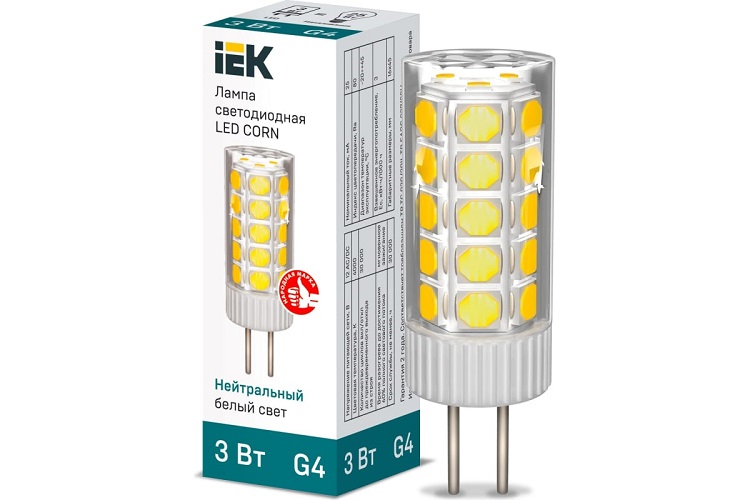 

Лампа светодиодная IEK LLE-CORN-3-012-40-G4 Corn 3Вт капсульная 4000К нейтр. бел. G4 12В керамика, LLE-CORN-3-012-40-G4