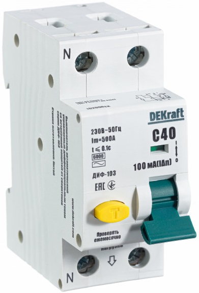 

Автомат дифференциальный DEKraft 16209DEK 1Р+N 40А 100мА тип AC х-ка С ДИФ-103 6кА, 16209DEK