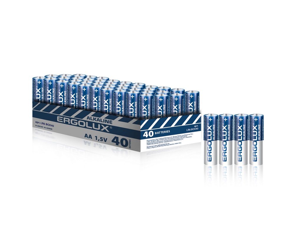 

Батарейка Ergolux LR6 BOX40 Alkaline LR6/AA, 1,5 В, 2700 мА.ч, 40 шт в упаковке, LR6 BOX40