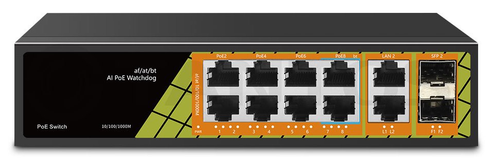 

Коммутатор Tantos TSn-8FP12F2S2 8x1000Мбит/с PoE порта +2 порта 1000Мбит/с Uplink + 2 порта SFP, TSn-8FP12F2S2