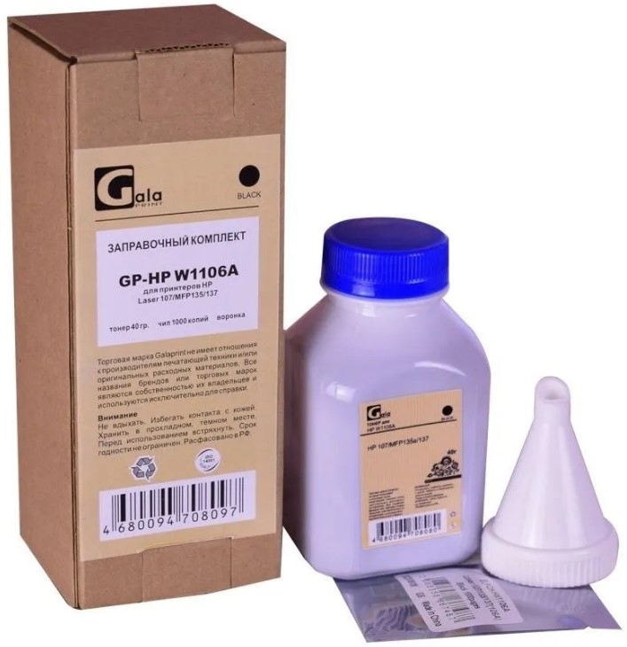 

Комплект заправочный GalaPrint GP_RK_HP_W1106A для принтеров HP Laser 107/MFP135/137 (тонер 40гр + чип 1000 копий + воронка), GP_RK_HP_W1106A
