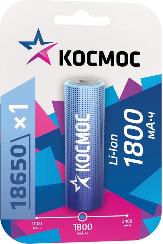 

Аккумулятор Космос KOC18650Li-ion18UBL1 Li-ion, 18650, 1800 мАч, 1 шт, KOC18650Li-ion18UBL1