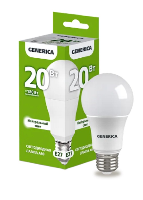 

Лампа светодиодная GENERICA LL-A60-20-230-40-E27-G A60 20Вт грушевидная 4000К E27 230В, LL-A60-20-230-40-E27-G