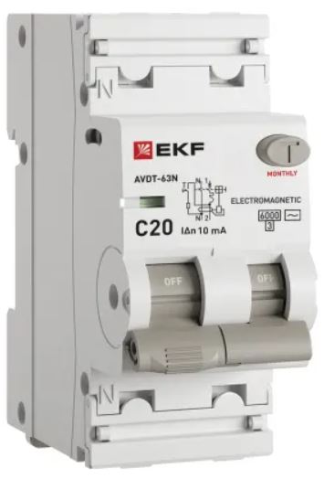 

Автомат дифференциальный EKF D63N26M20C10 АВДТ-63N 1P+N 20А (C) 10мА (AC) эл-мех 6кА PROXIMA, D63N26M20C10