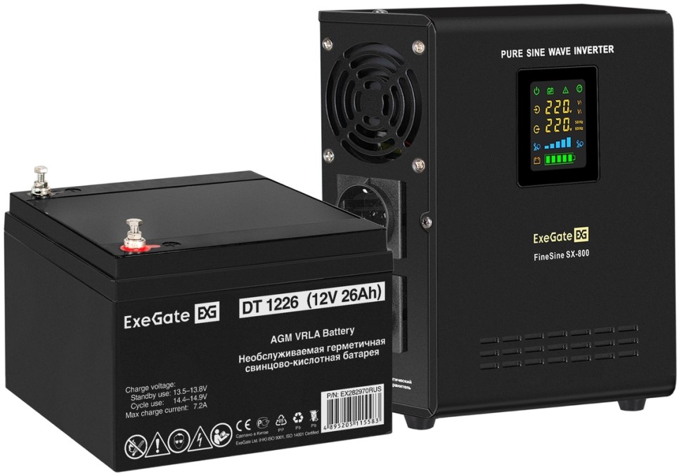

Комплект Exegate FineSine SX-800.LCD.AVR.2SH EX296516RUS ИБП EX295996RUS + батарея 26Aч EX282970RUS 1шт (инвертор, синус, для котла, настенный), 800VA, FineSine SX-800.LCD.AVR.2SH