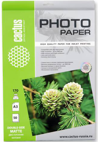 

Фотобумага Cactus CS-MA317050DS A3/170г/м2/50л./белая, матовая/матовая для струйной печати, CS-MA317050DS