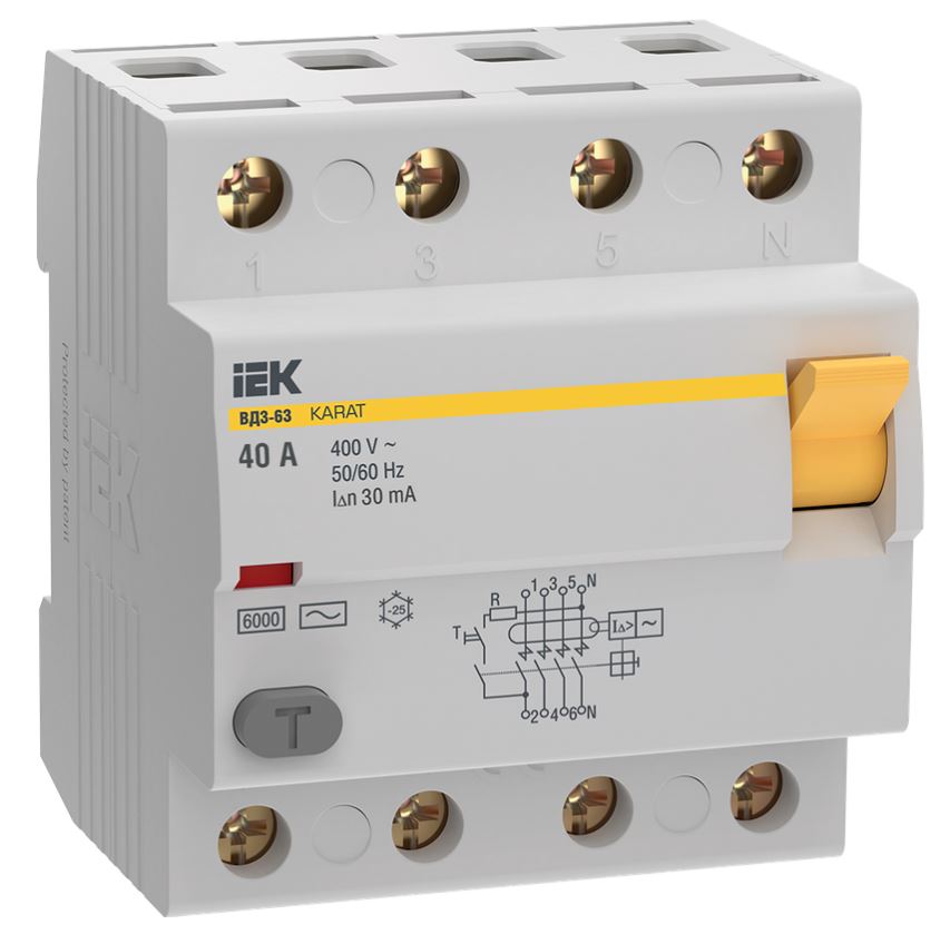 

УЗО IEK MDV20-4-040-030 KARAT ВД3-63 4P 40А 30мА 6кА тип AC, MDV20-4-040-030