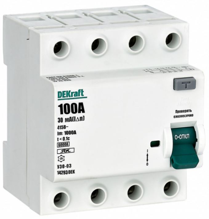 

УЗО DEKraft 14293DEK ВДТ 4P 100A 30мА тип A 6кА, 14293DEK
