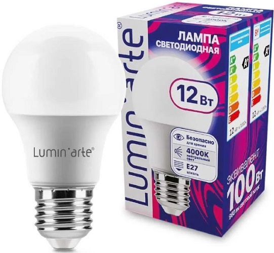 

Лампа Lumin'arte LSTD-A60-12W4KE27 12Вт 4000K E27, LSTD-A60-12W4KE27