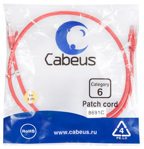 фото Кабель патч-корд U/UTP 6 кат. 1м Cabeus PC-UTP-RJ45-Cat.6-1m-RD в Санкт-Петербургe