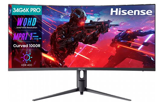 

Монитор 34" Hisense 34G6K-PRO 3440x1440 LED, 21:9, VA, 400cd, 4000:1, 1ms, 178/178, DP, 2*HDMI, 180Hz, сurved R1000, Speakers, VESA 75x75, black, 34G6K-PRO