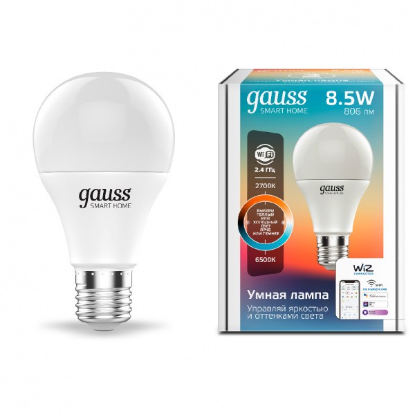 

Лампа светодиодная Gauss 1130112 Smart Home DIM+CCT E27 A60 8.5 Вт 806...850 лм, 1130112