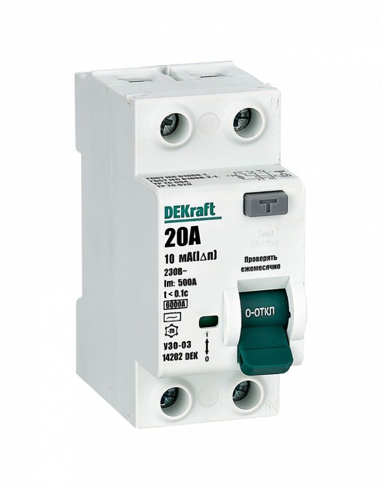 

УЗО DEKraft 14202DEK ВДТ 2P 20А 10мА тип AC 6кА, 14202DEK
