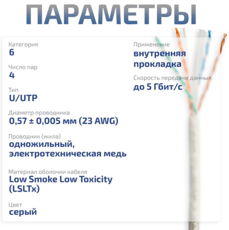 фото Кабель витая пара U/UTP 6 кат. 4 пары Cabeus UTP-4P-Cat.6-SOLID-LSLTx-GY-25 в Перми