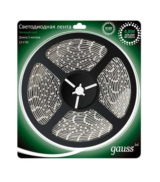 

Лента Gauss 312000605 LED 2835/60-SMD 4.8W 12V DC зеленый (блистер 5м), 312000605