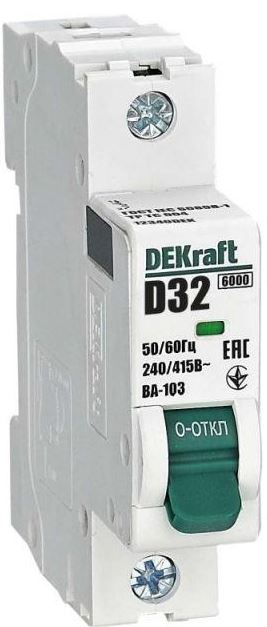 

Автоматический выключатель DEKraft 12340DEK 1Р 32А х-ка D ВА-103 6кА, 12340DEK