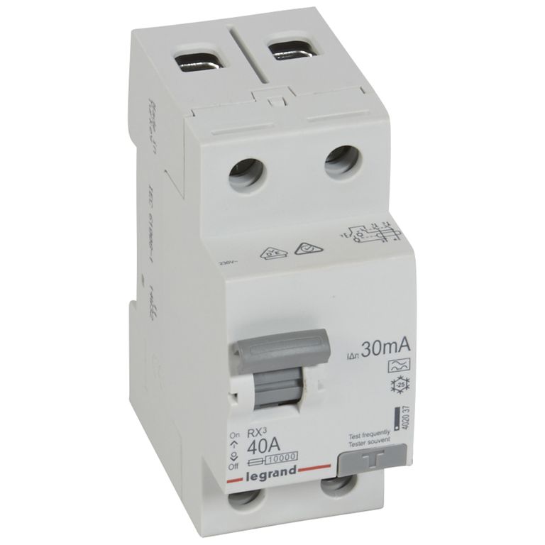 

Выключатель дифференциального тока (ВДТ, УЗО) Legrand 402037 RX³ - 2П, 230 В~, 40 А, тип A, 30 мА, 2 модуля, 402037
