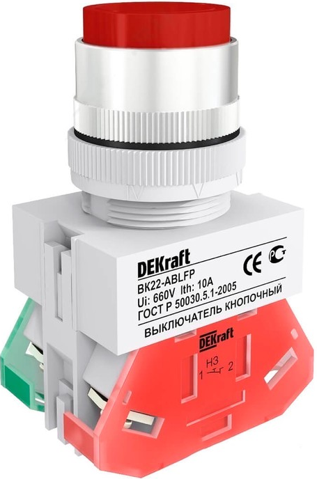 

Выключатель DEKraft 25132DEK ВK-22 кнопочный с фикс. ABFP D=22мм кр. 220В красный, 25132DEK