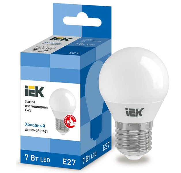 

Лампа светодиодная IEK LLE-G45-7-230-65-E27 ECO G45 7Вт шар 6500К E27 230В, LLE-G45-7-230-65-E27