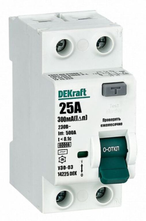 

УЗО DEKraft 14225DEK ВДТ 2P 25А 300мА тип AC 6кА, 14225DEK