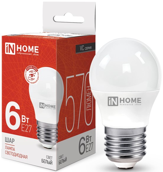

Лампа светодиодная IN HOME 4690612020532 LED-ШАР-VC 6Вт шар 4000К нейтральный, белый E27 570лм, 4690612020532