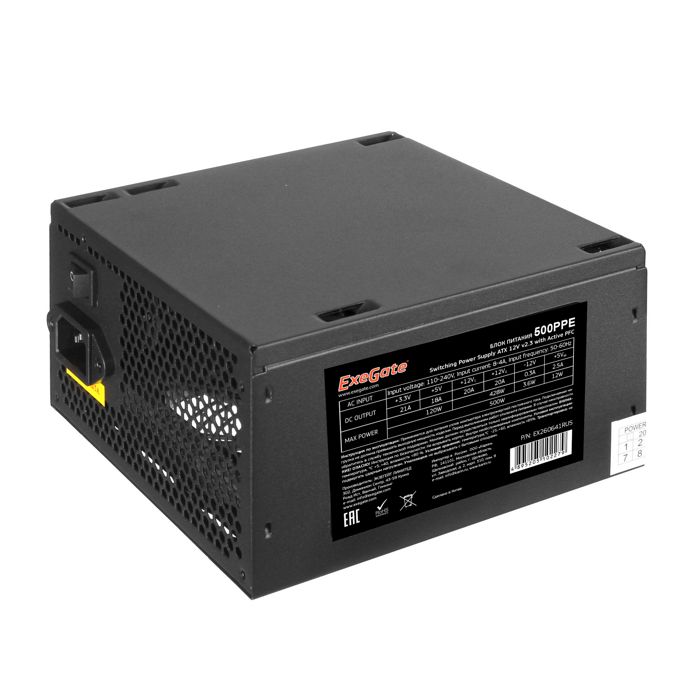 

Блок питания ATX Exegate 500PPE EX260641RUS 500W, black, APFC, 12cm, 24p+(4+4)p PCI-E, 3*IDE, 5*SATA, FDD, 500PPE
