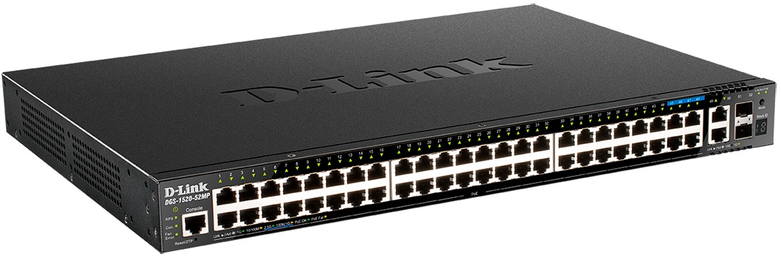 

Коммутатор управляемый D-link DGS-1520-52MP/A1A 44x10/100/1000Base-T PoE, 4x100/1000/2.5GBase-T PoE, (PoE-бюджет 370 Вт; 740 Вт с DPS-700) 2x10GBase-T, DGS-1520-52MP/A1A
