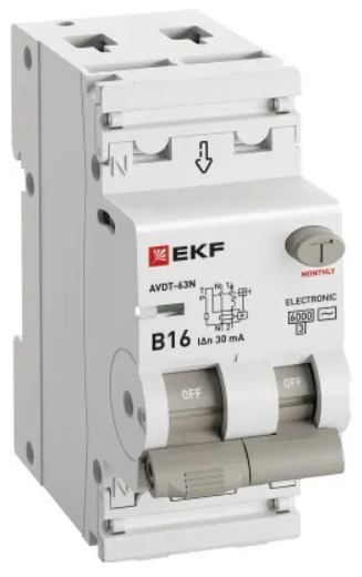 

Автомат дифференциальный EKF D63N26E16B30 АВДТ-63N 1P+N 16А (B) 30мА (AC) эл 6кА PROXIMA, D63N26E16B30