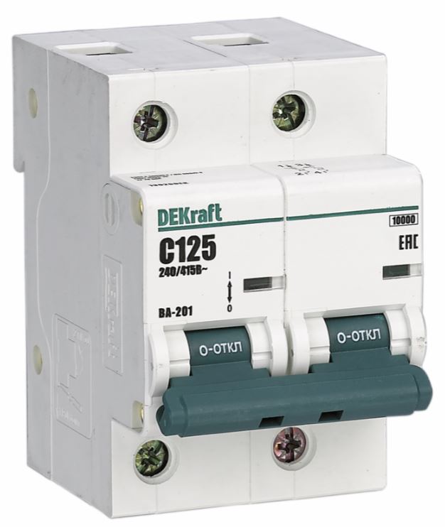 

Автоматический выключатель DEKraft 13006DEK 2Р 100А х-ка С ВА-201 10кА, 13006DEK