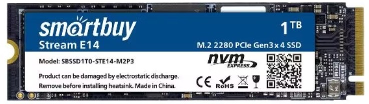 

Накопитель SSD M.2 2280 SmartBuy Stream E14 SBSSD1T0-STE14-M2P3 1TB, 3200/2200MB/s, 512 TBW, Stream E14