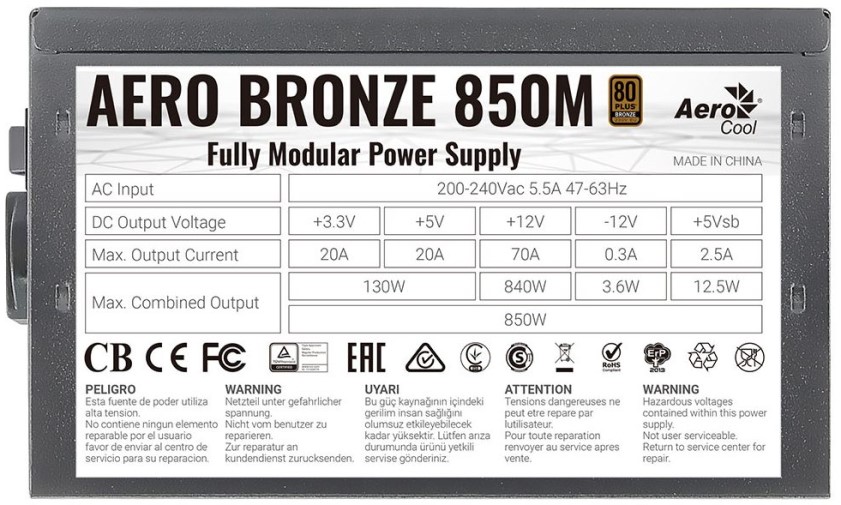 

Блок питания ATX AeroCool AERO BRONZE 850M 4710562758993 850W, active PFC, 120mm fan, 80+ Bronze, fully modular, AERO BRONZE 850M