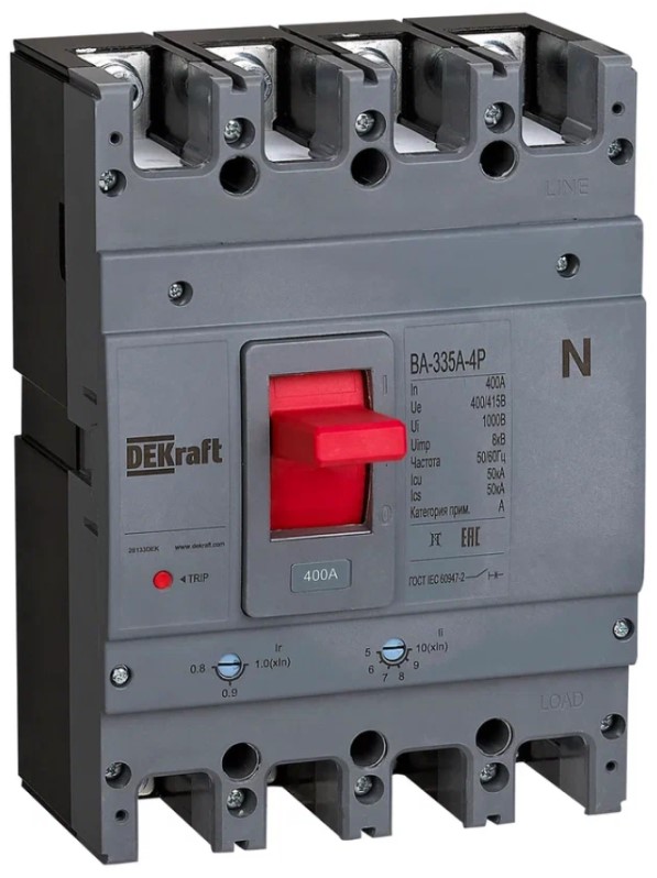 

Автоматический выключатель DEKraft 28138DEK cиловой 4P 500A 50кА ВА-335А, 28138DEK